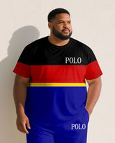 Big & Tall Men Black & Red & Blue Color Matching Chest Small Logo Printed Crew Neck Short Sleeve T-shirt Shorts Suit